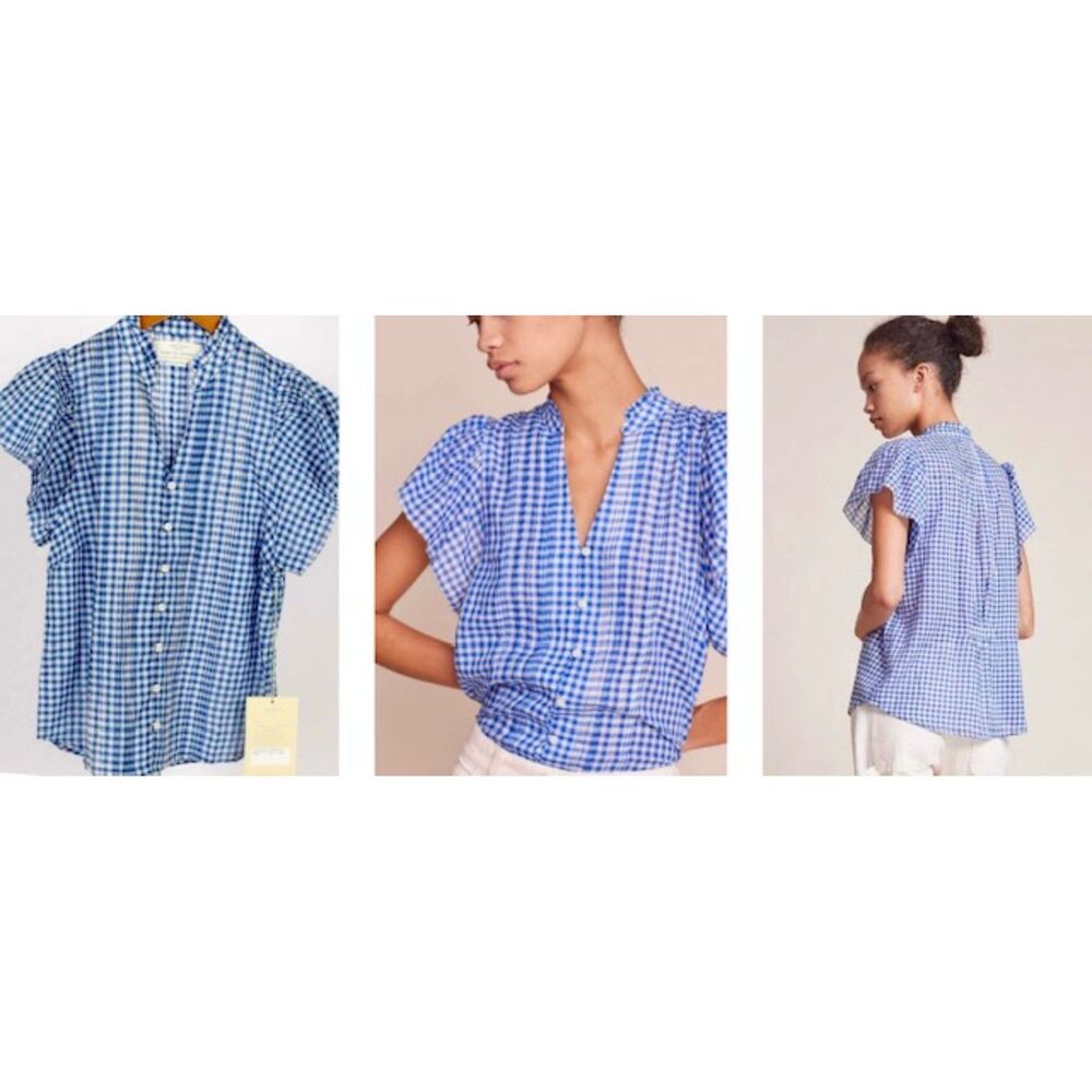 NWOT SZ L TROVATA Birds of Paradis CATE Cobalt Checked Short Sleeve Blouse